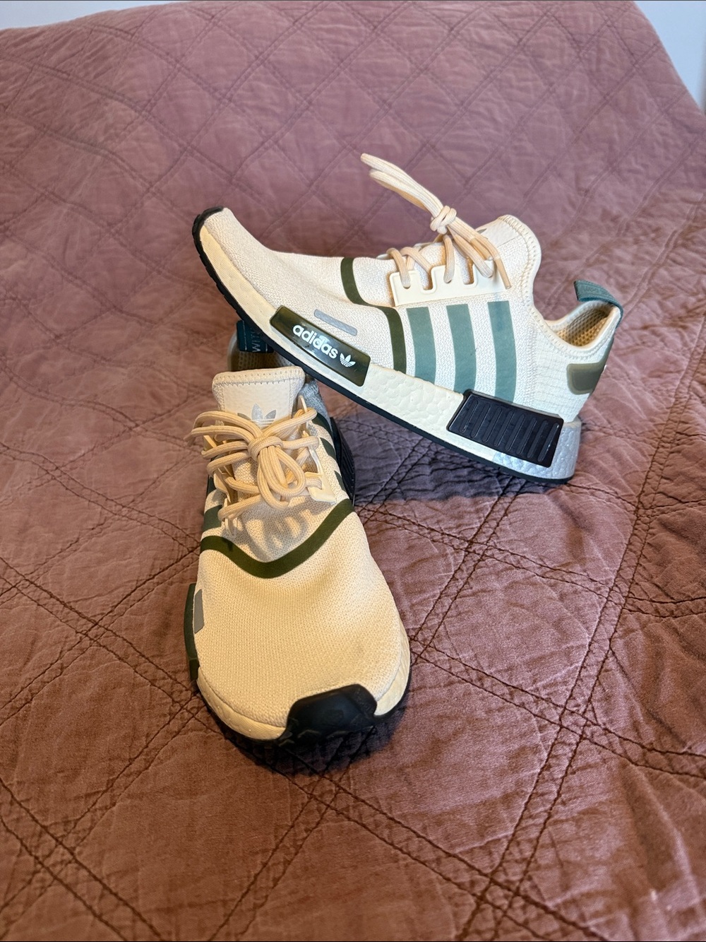adidas Cream and Green NMD R1 Athletic Sneakers